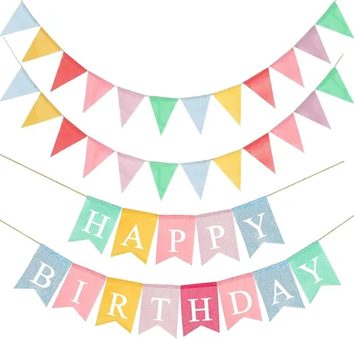 Cartel de feliz cumpleaños con 24 banderines banderines, pancarta de arpillera sintética duradera montada, decoración de fiesta de cumpleaños de