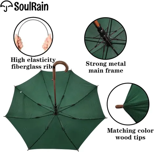 Miniatura 6 de SoulRain Paraguas de arco clásico con mango de madera de 48 pulgadas, apertura automática, resistente al viento, irrompible, paraguas de lluvia