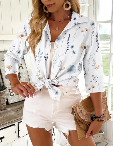 Miniatura 4 de Zeagoo Camisas con botones para mujer, manga 3/4, cuello en V, blusas con cuello en V, trajes casuales de negocios