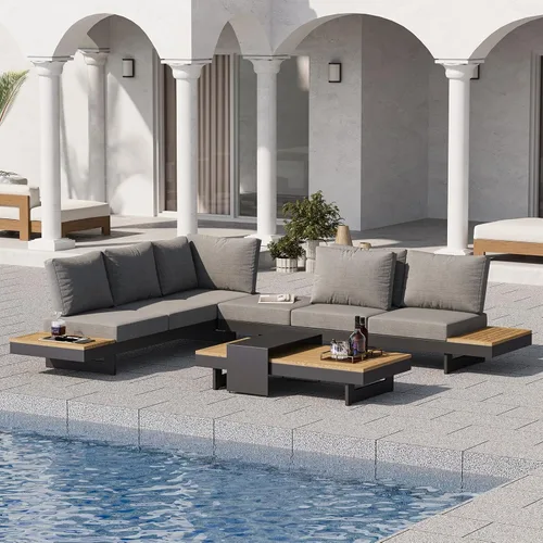 homary Juego de 6 sofás seccionales de aluminio y teca para exteriores con respaldos ajustables, cojines impermeables, ideal para patios y balcones