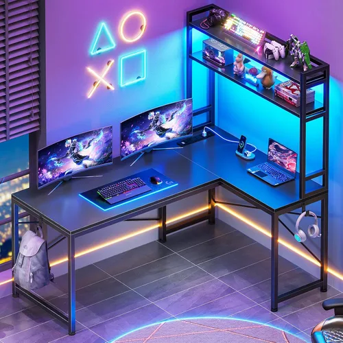 SEDETA Escritorio para juegos en forma de L, escritorio esquinero pequeño reversible de 45.3 pulgadas con toma de corriente y luces LED, escritorio