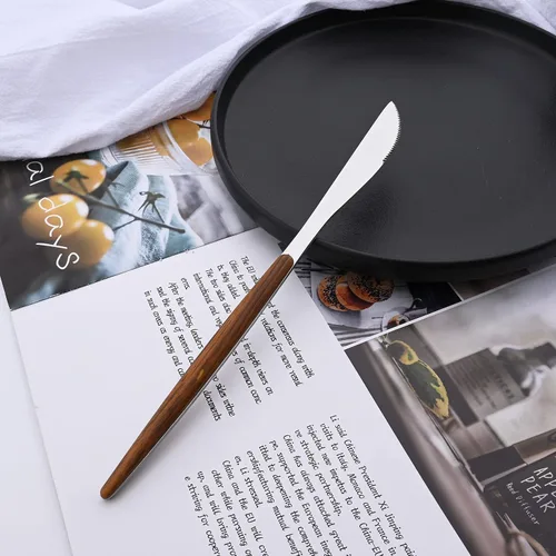 Miniatura 6 de Juego de cubiertos de acero inoxidable con mango de efecto de madera Cubiertos pulidos con espejo plateado, utensilios de cocina para el hogar
