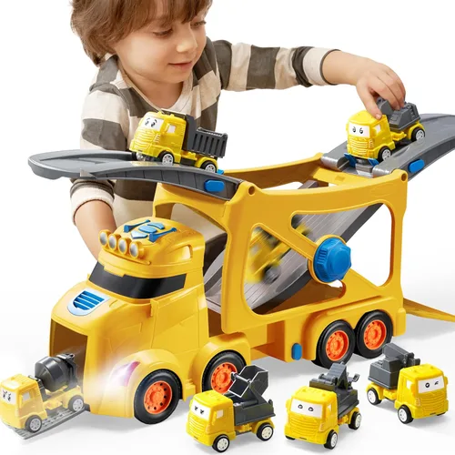 Miniatura 11 de Vroomix Camiones de Juguete Extra Grandes para Niños Pequeños, Camiones de Ciudad de 3 Niveles para Niños, Camión Transportador Grande 7 en 1