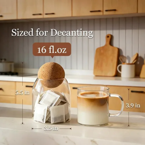 Miniatura 4 de ComSaf Paquete de 3 tarros de vidrio decorativos transparentes de 16 onzas con tapa de bola de corcho, barra de café, cocina, almacenamiento