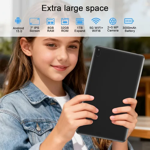Miniatura 5 de Tablet Android 15 Tablets con funda 7 pulgadas, 8GB RAM, 32GB ROM soporte 1TB Expandir PC Tablet PC, procesador de cuatro núcleos, pantalla táctil