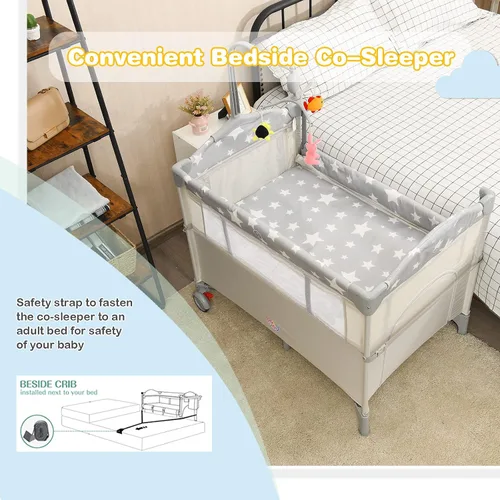 Miniatura 3 de HONEY JOY Pack and Play con moisés, 5 en 1, cuna para bebé para colocar junto a la cama con mesa de cambio de pañales y bolsa de almacenamiento, Café