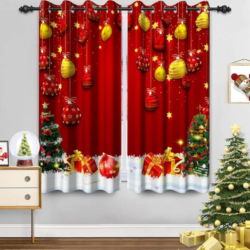 Miniatura 8 de Cortinas con adornos de Navidad impresos, cortinas para ventana de chimenea, calcetines de Navidad, árboles de Navidad, regalos, paneles opacos