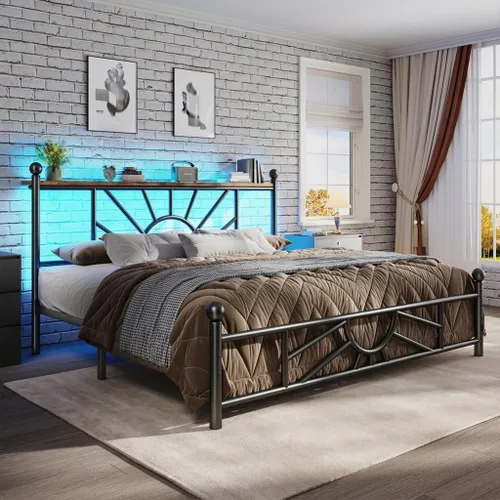 Homkdom Marco de cama de plataforma de metal tamaño Queen de 14 pulgadas con cabecero, marco de cama victoriano Queen con almacenamiento debajo de
