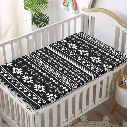 Miniatura 2 de Sábanas bajeras ajustables para cuna pequeña con temática azteca, sábana portátil para cuna para niño o niña, 24 x 38 pulgadas, color blanco y negro