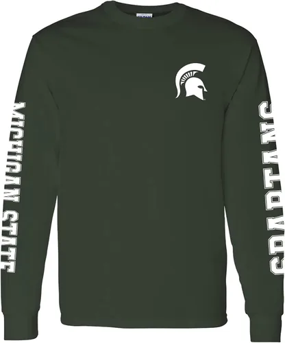 NCAA Camiseta de manga larga con doble impresión, color del equipo, universidad michigan state spartans forest