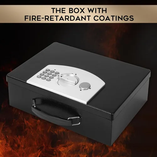 Miniatura 7 de Dalmbox - Caja de seguridad portátil de metal con cerradura de código digital, almacenamiento resistente al fuego para documentos, caja de seguridad