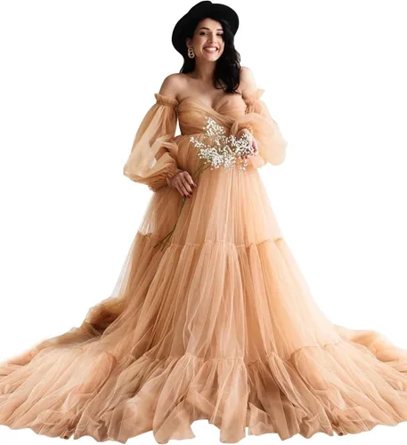 Miniatura 7 de Vestido de maternidad de tul hinchado para sesión de fotos, batas de manga larga, hombros descubiertos, lencería transparente, vestidos de baby