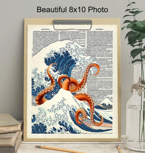Miniatura 3 de Arte de Pared Decorativo Diccionario Pulpo Ola Kanagawa Japonés - Decoración Retro para el Hogar Reciclada de 8x10 pulgadas para Oficina