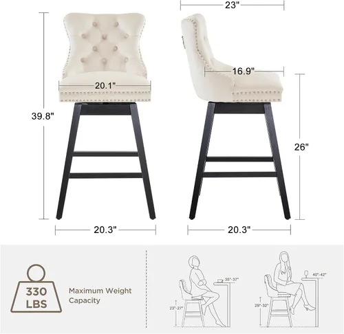 Miniatura 2 de Taburetes de bar con altura de mostrador, taburetes de bar giratorios 360 con respaldos, sillas tapizadas de tela de terciopelo de alta calidad