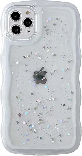 Miniatura 136 de Qokey Funda para iPhone 12 Pro Max de 6.7 pulgadas, diseño de onda rizada, borde transparente, brillante con purpurina, estrella brillante, bonita