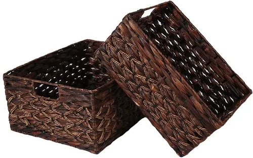 Miniatura 3 de Cesta rectangular tejida de jacinto de agua, cesta de almacenamiento oscura con asas interiores, estantes de cocina, escritorio de oficina