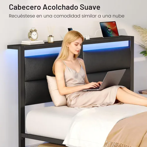 Miniatura 4 de Rolanstar Base de cama de tamaño matrimonial con estación de carga, base de cama LED matrimonial con cabecera de almacenamiento tapizada, cama