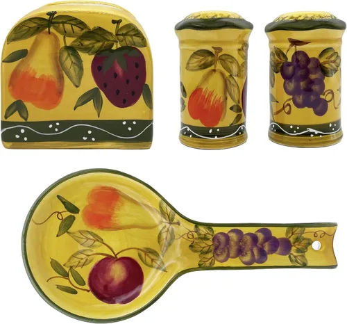 Miniatura 9 de ACK Ceramic Tuscany Roamer Rooster - Juego de 4 estufas de cerámica pintadas a mano, coctelera y salera, servilletero y soporte para cuchara, Roamer