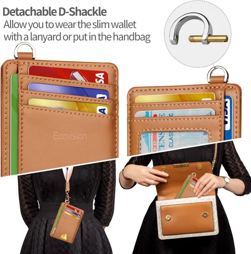 Miniatura 3 de EcoVision Cartera delgada minimalista con bolsillo frontal, bloqueo RFID, tarjetero con grillete en D desmontable para hombres y mujeres, Piel