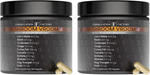 Fórmula Factory Shroom Vroom: Suplemento de Hongos 10-en-1, Melena de León, Reishi, Cordyceps, Chaga, Cola de Pavo, Tremella, Shiitake, Maitake,