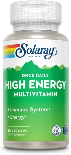 SOLARAY Multivitamínico Once Daily de alta energía, sin hierro, múltiple completo con base de alimentos y hierbas integrales, sin OMG, 60 cápsulas