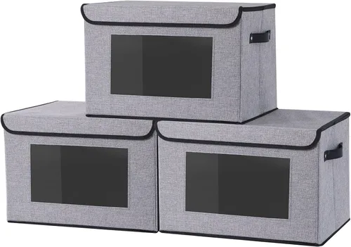 Miniatura 10 de Cesta de almacenamiento de tela con tapa, organizador decorativo de lino para armario, caja de almacenamiento de 15 x 9.8 x 9.8 pulgadas con asas