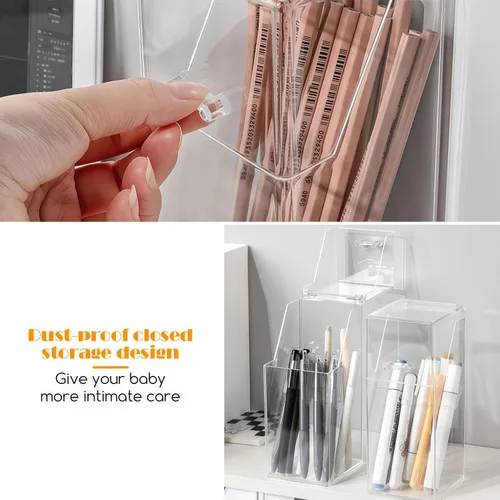 Miniatura 5 de Organizador cuadrado de acrílico para cepillos cosméticos con tapa a prueba de polvo, transparente, 3.5 x 3.5 x 8.3 pulgadas, 1 unidad