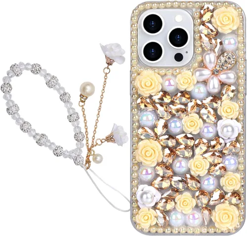 Miniatura 16 de para iPhone 14 Pro - Funda con Purpurina y Diamantes de Imitación, de Lujo, con Cristales Brillantes, Flores de Rosa, Perlas Florales, Pulseras