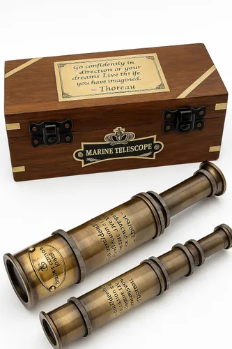 Catalejo Telescopio Pirata de Latón Vintage con Caja de Madera Grabada | Decoración Náutica, Coleccionable Marítimo Antiguo, Regalo de Graduación y