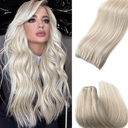 Miniatura 14 de Extensiones de trama de cabello humano real, para coser, con mechas rubias, cabello Remy marrón cenizo mezclado con rubio platino, atado a mano - 14
