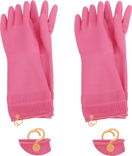 Myungjin 2 pares de guantes de goma de látex reutilizables, impermeables, antideslizantes, con ganchos para colgar y secar, para lavar platos,