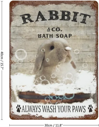 Miniatura 2 de Plato colgante de hierro vintage con diseño de conejo y jabón de baño de metal, letrero de lata de «Wash Your Paws», divertido letrero de conejo