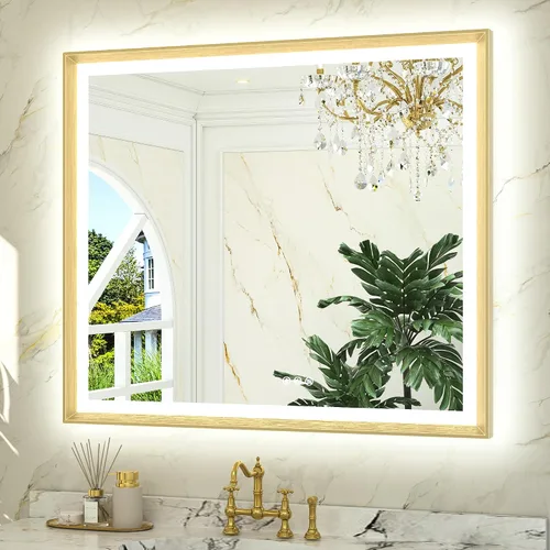 Miniatura 22 de TETOTE Espejo LED dorado para baño, marco de metal de 20 x 28 pulgadas, espejo de tocador iluminado frontal y retroiluminado, barroco, antiniebla
