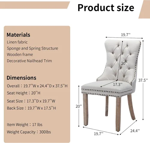 Miniatura 3 de Juego de 2 sillas de comedor modernas, sillas de comedor tapizadas acolchadas con patas de madera maciza, silla de cocina de tela de lino beige