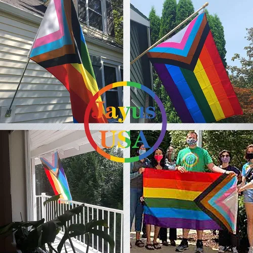 Miniatura 3 de Jayus Bandera de arco iris de doble cara inclusive Progress Pride de 2 x 3 para exteriores, banderas de arcoíris LGBTQ resistentes con 2 ojales