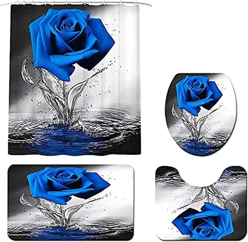 Miniatura 4 de Juego de baño Blue Rose con cortina de ducha y alfombras antideslizantes, tapete de baño, cubierta para tapa de inodoro y 12 ganchos fuertes
