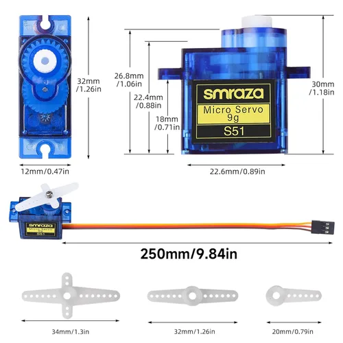 Miniatura 7 de Smraza 10 piezas SG90 9G Micro Servo Kit (engranaje metálico) para proyectos Arduino, robot RC, brazo de robot, helicóptero, control de avión, coche