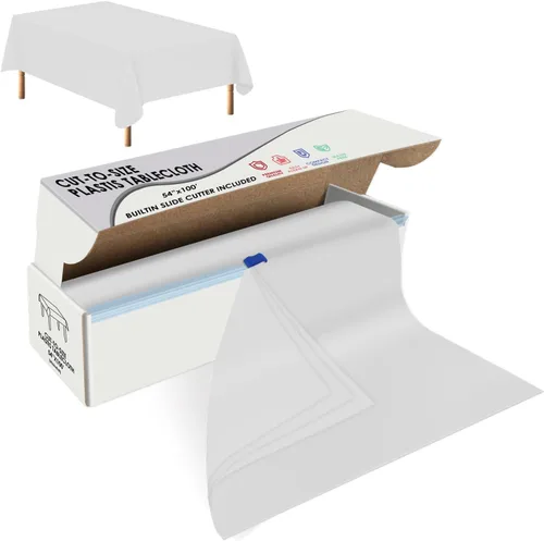 Miniatura 12 de tujol Rollo de mantel de mesa de plástico desechable beige de 54" X 100', cubierta de mesa de plástico con caja cortadora, mantel desechable cortado