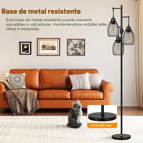 Miniatura 5 de Lámpara de pie regulable, 3 bombillas LED Edison de 800LM incluidas, lámpara de pie industrial de granja lámpara de árbol de pie con elegante jaula