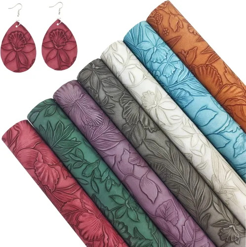 Miniatura 5 de 7 hojas de piel sintética en relieve para hacer aretes y monederos, 8.2 x 11.8 pulgadas con hojas de flores en relieve, hojas de tela sintética