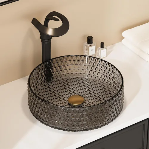 Miniatura 2 de Fregadero de Vaso de Vidrio Negro Lovedima, Lavabo de Tocador de Baño Sobre Encimera