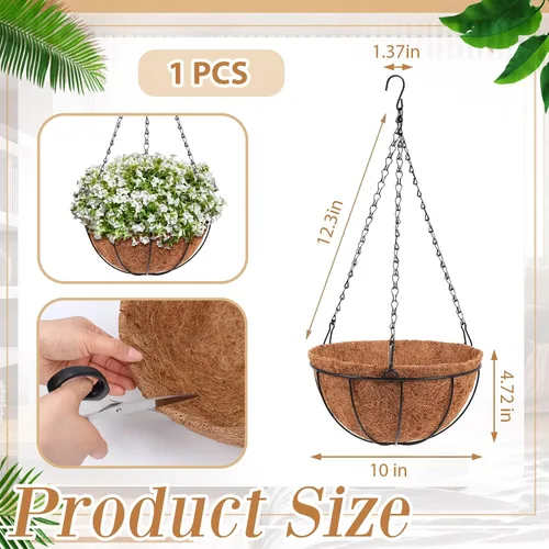 Miniatura 2 de Dandat 1 cesta colgante de metal de 10 pulgadas con forro de fibra de coco, alambre de metal, soporte para plantas, riego al aire libre, macetas