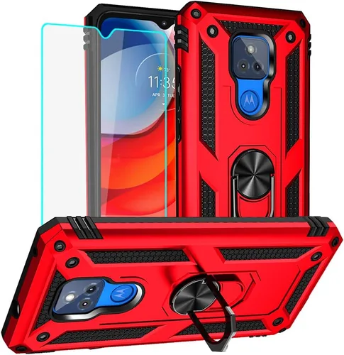Miniatura 26 de Funda para Moto E Phone Case, Moto E con protector de pantalla HD, fundas protectoras de grado militar con anillo para Moto E 2020 (rojo)