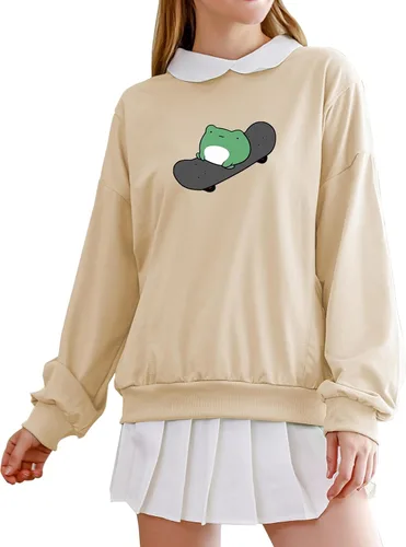 Miniatura 3 de Sudadera casual de skate de rana para mujer, manga larga, cuello con bolsillo, para adolescentes y niñas
