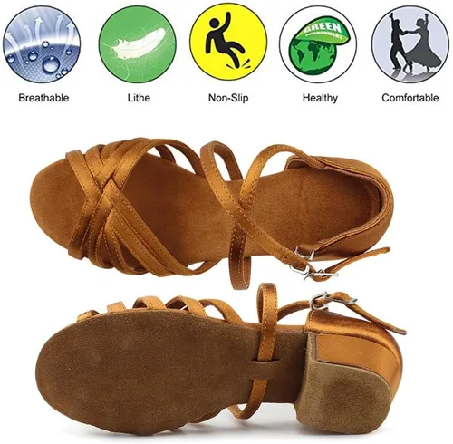 Miniatura 4 de MSMAX Zapatos de baile latino para niñas, sandalias de baile de salsa de tacón bajo para mujer