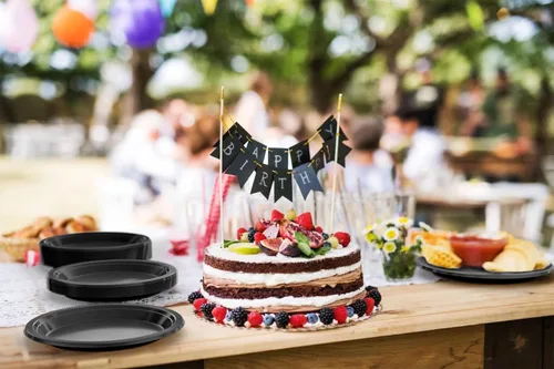 Miniatura 5 de Party Solids Platos de plástico negro para fiesta, platos desechables negros de 10 pulgadas para suministros de fiesta, 100 piezas