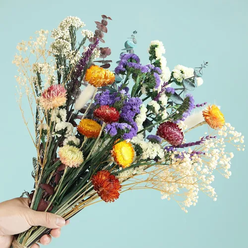 Ramo de flores secas naturales, arreglos florales DIY de 17" con eucalipto, flor de paja y lavanda, decoraciones rústicas bohemias para centros de