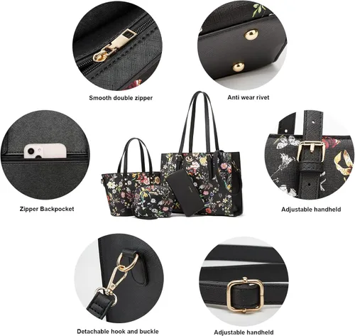 Miniatura 167 de Juego de 4 bolsas modernos para mujer de cuero sintético: bolso tote, bolso de hombro, bolso de mano y cartera.