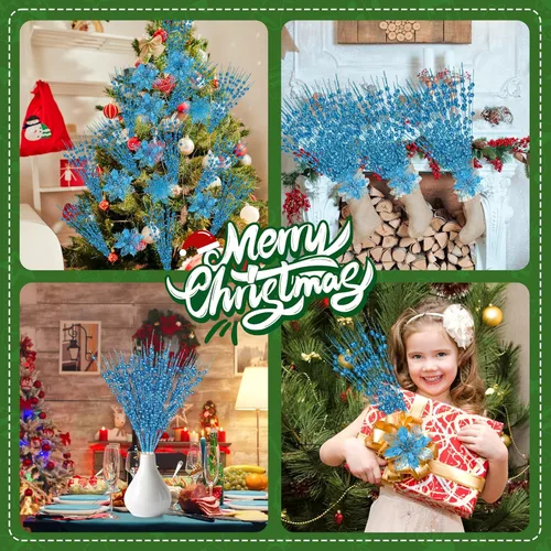 Miniatura 7 de OCTERIC - 30 piezas de flores artificiales de Pascua con purpurina, ramas con bayas para árbol de Navidad, adornos de árbol de Navidad con clips