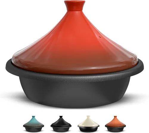 KooK Tagine marroquí, olla de hierro fundido esmaltado, tajine con tapa cerrada en forma de cono de cerámica, 3.3 cuartos de galón, (carmesí)